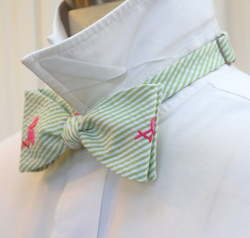 Bow Tie, lime seersucker with hot pink flamingo, wedding party tie, groom bow tie, groomsmen gift, Florida bow tie, self tie bow tie image 3