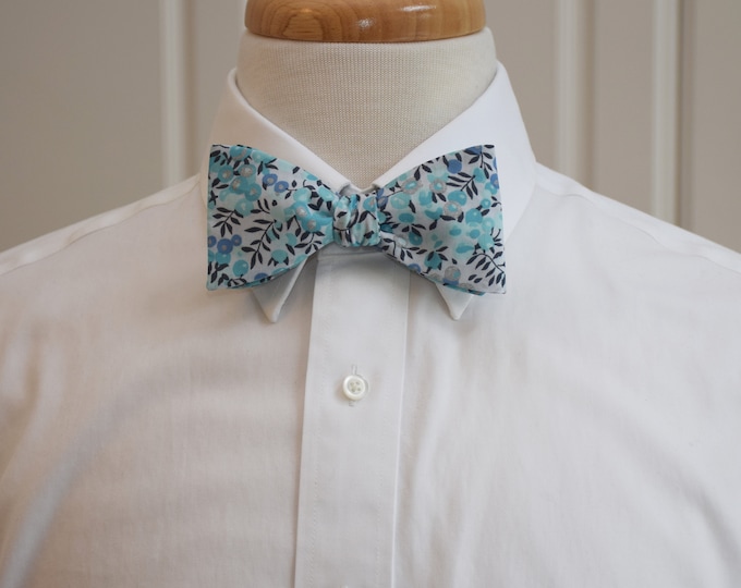 Bow Tie, Liberty of London, Wiltshire turquoise/aqua/metallic silver/navy berries & leaves print, groomsmen/groom bow tie, wedding bow tie