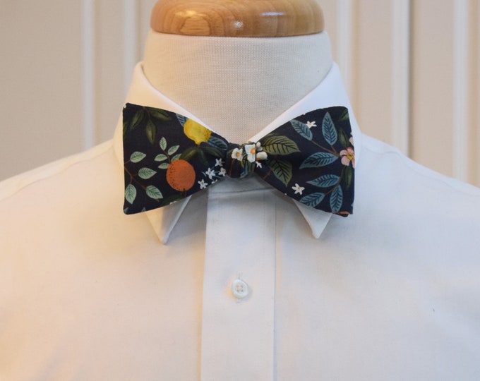 Bow Tie, Rifle Paper Co. Citrus Grove floral bow tie, navy blue, green, lemon, orange, wedding bow tie, groom/groomsmen bow tie,