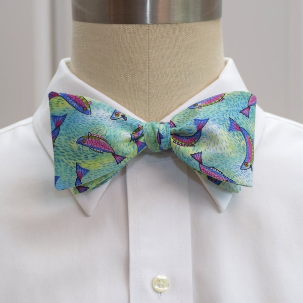 Bow Tie, fish, blue & green, fisherman's bow tie, angler bow tie, angler's gift, trout bow tie, sport fishing bow tie, fly fishing