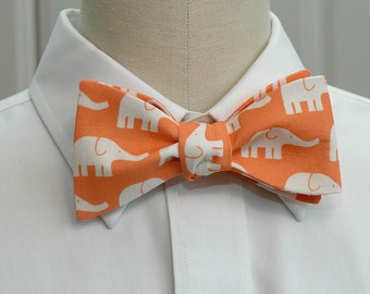 Bow Tie, orange with white elephants, zoo wedding bow tie, elephant lover gift, elephants bow tie, groom bow tie, cute groomsmen gift