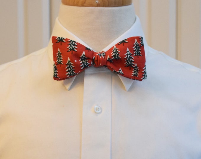 Bow Tie, Rifle Paper Co. red, dark green fir trees, snow, holiday, Christmas bowtie