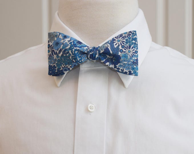 Bow Tie, Liberty of London, cobalt/ink blues, ivory floral Margaret Annie design, groomsmen/groom bow tie, wedding bow tie, tux accessory