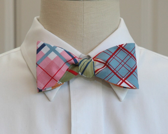 Bow Tie, multi color Madras plaid, pink blue plaid bow tie, red blue madras plaid bow tie, wedding bow tie, groom bow tie summer tie