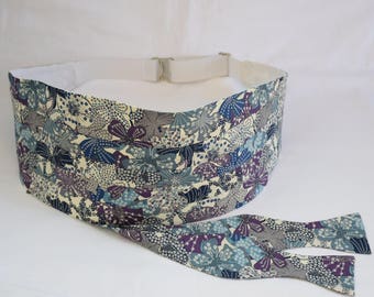 Cummerbund & Bow tie, Liberty of London gray/ivory/blue/purple Mauvey fabric, wedding party attire, tux accessory, groom formal wear