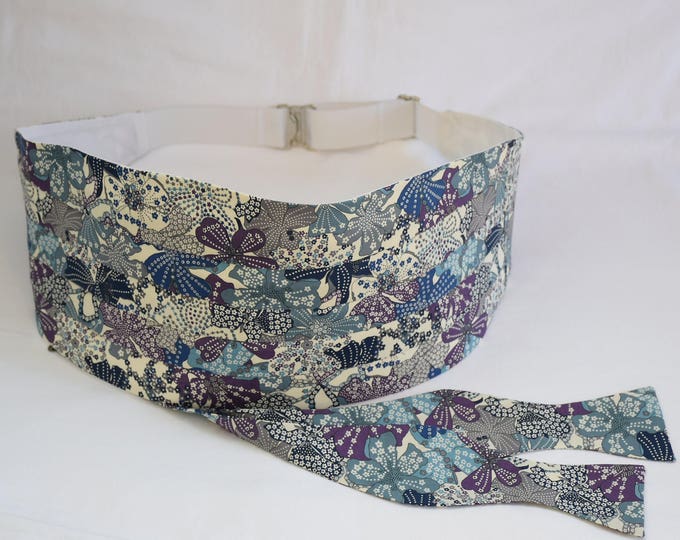 Cummerbund & Bow tie, Liberty of London gray/ivory/blue/purple Mauvey fabric, wedding party attire, tux accessory, groom formal wear