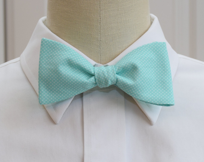 Bow Tie, aqua with white pin dots, wedding bow tie, pale blue bow tie, groom bow tie, groomsmen gift, wedding party tie, tux accessory