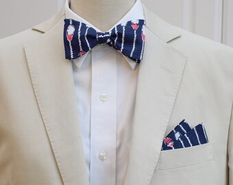 Nautical Bow Tie & Pocket Square Set: Navy Pink Stripes