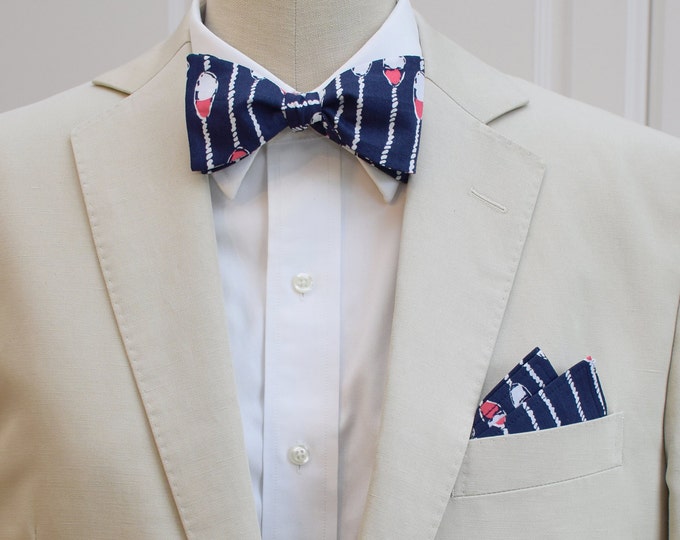 Pocket Square  & Bow Tie set, navy/pink stripes, nautical, groom/groomsmen gift, men's gift set, wedding party wear, formal menswear