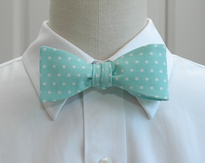 Bow Tie, aqua with small white polka dots, wedding bow tie, groom bow tie, groomsmen gift, pale blue bow tie, Easter bow tie, prom tie