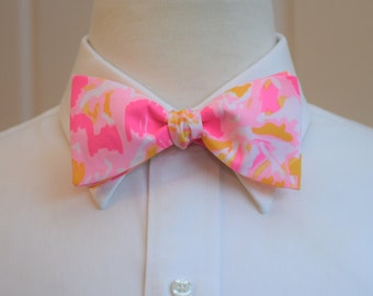 Bow Tie, neon pink and gold  abstract print, wedding bow tie, groomsmen gift, groom bow tie, Kentucky Derby bow tie, prom/formals tie