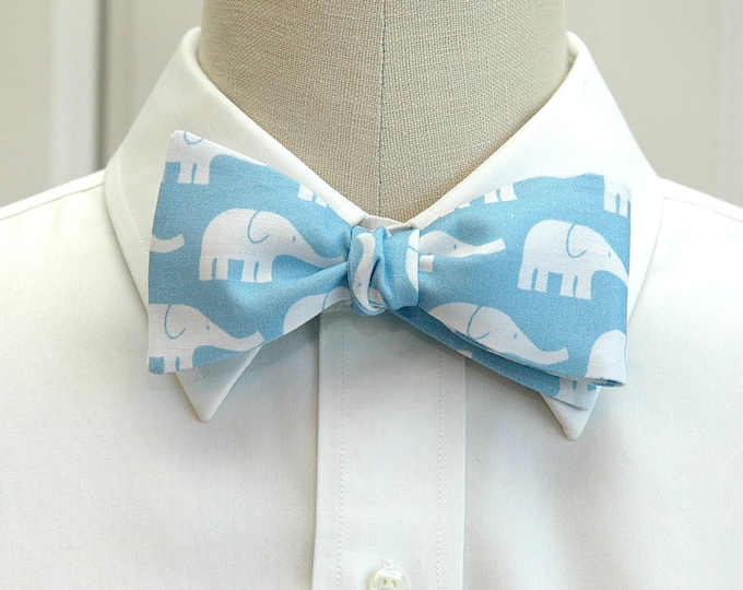 Bow Tie, pale blue, white elephants bow tie, groom bow tie, groomsmen gift, zoo wedding bow tie, elephant bow tie, animal lover tie,