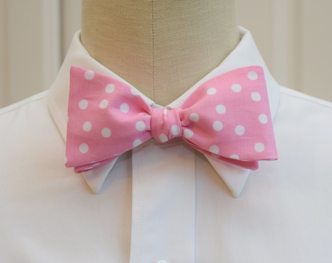 Bow Tie, medium pink with random white polka dots, wedding bow tie, groom bow tie, pink bow tie, pink prom bow tie, groomsmen gift