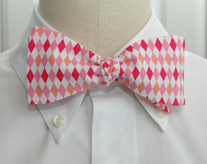 Bow Tie, pinks/white harlequin diamonds, geometric print bow tie, wedding party bow tie, groom/groomsmen bow tie, pink prom bow tie