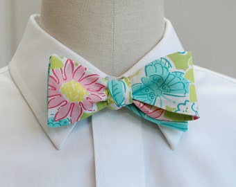 Bow Tie, retro green/pink/aqua print bow tie, floral print bow tie, green wedding bow tie, groom bow tie, butterfly, daisy garden