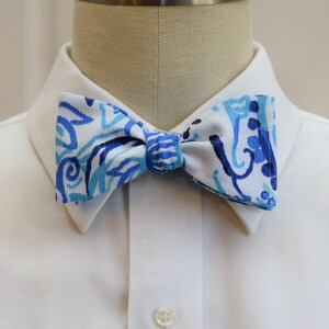 Bow Tie, sky blue/navy abstract print bow tie, groomsmen/groom bow tie, wedding party, Kentucky Derby, tux accessory, beach wedding