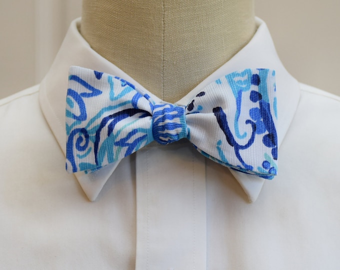 Bow Tie, sky blue/navy abstract print bow tie, groomsmen/groom bow tie, wedding party, Kentucky Derby, tux accessory, beach wedding