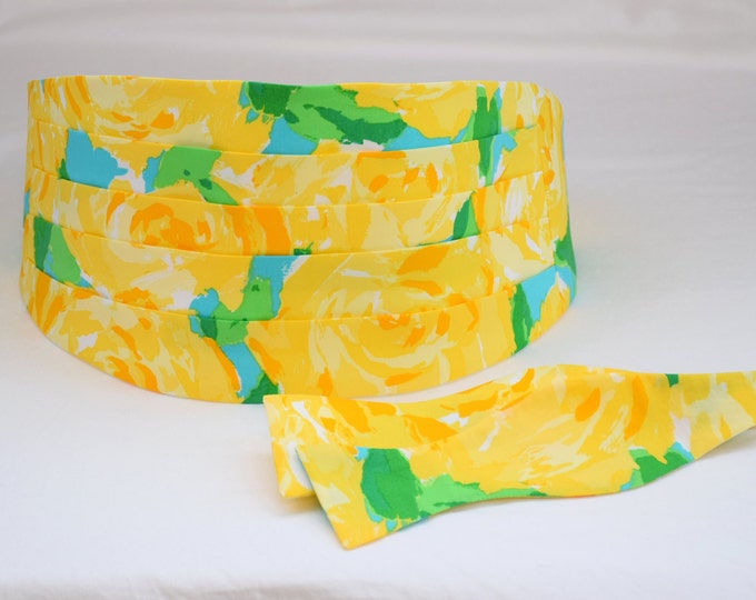 Cummerbund & Bow Tie, yellow/turquoise abstract floral print, groom formal wear, wedding party wear, tuxedo accessory, prom/formal