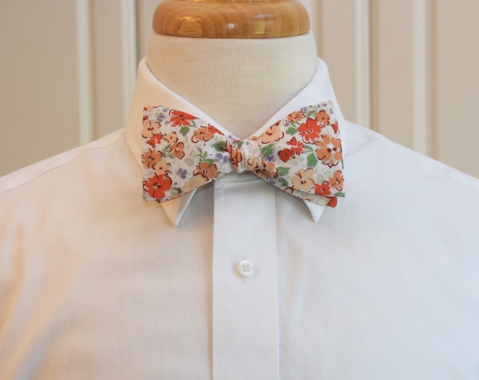 Bow Tie, orange/ivory/green floral Gillian design, groom/groomsmen bow tie, Easter bow tie, wedding bow tie, Spring/Fall color bow tie