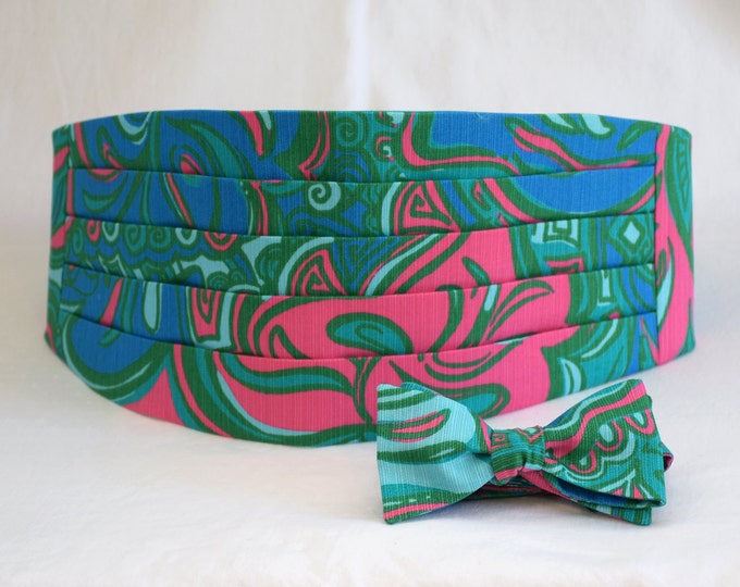 Cummerbund & Bow Tie, teal/cobalt/hot pink abstract, groom formal wear, wedding party wear,  menswear, tuxedo accessory, preppy cummerbund