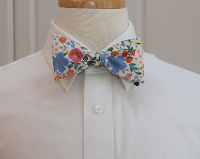 Bow Tie, Rifle Paper Co. Wild Rose, ivory/cream, blue/pink floral bow tie, wedding bow tie, groom/groomsmen bow tie, tuxedo accessory