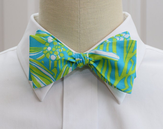 Bow Tie, daisies turquoise/lime print, retro floral blue  bow tie, wedding bow tie, groom/groomsmen gift, summer, prom/formals bow tie
