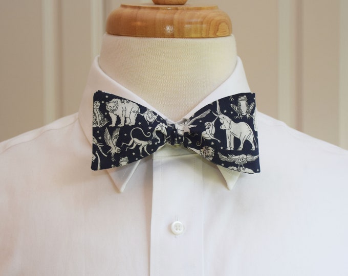 Bow Tie, Liberty London Midnight Mischief navy/ivory print, animals bow tie, zoo wedding bow tie, veterinarian, groom/groomsmen gift