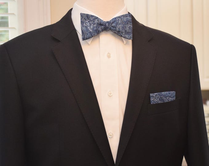 Liberty London Bow Tie & Pocket Square Set: Blue Paisley Tana Lawn Cotton