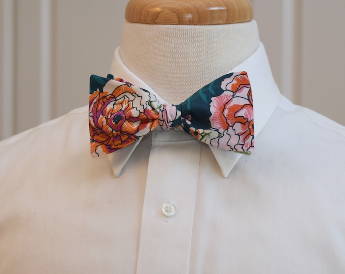 Bow Tie, forest green/coral/peach/pink floral/leaves, wedding party bow tie, groom/groomsmen bow tie, prom bow tie, tux accessory