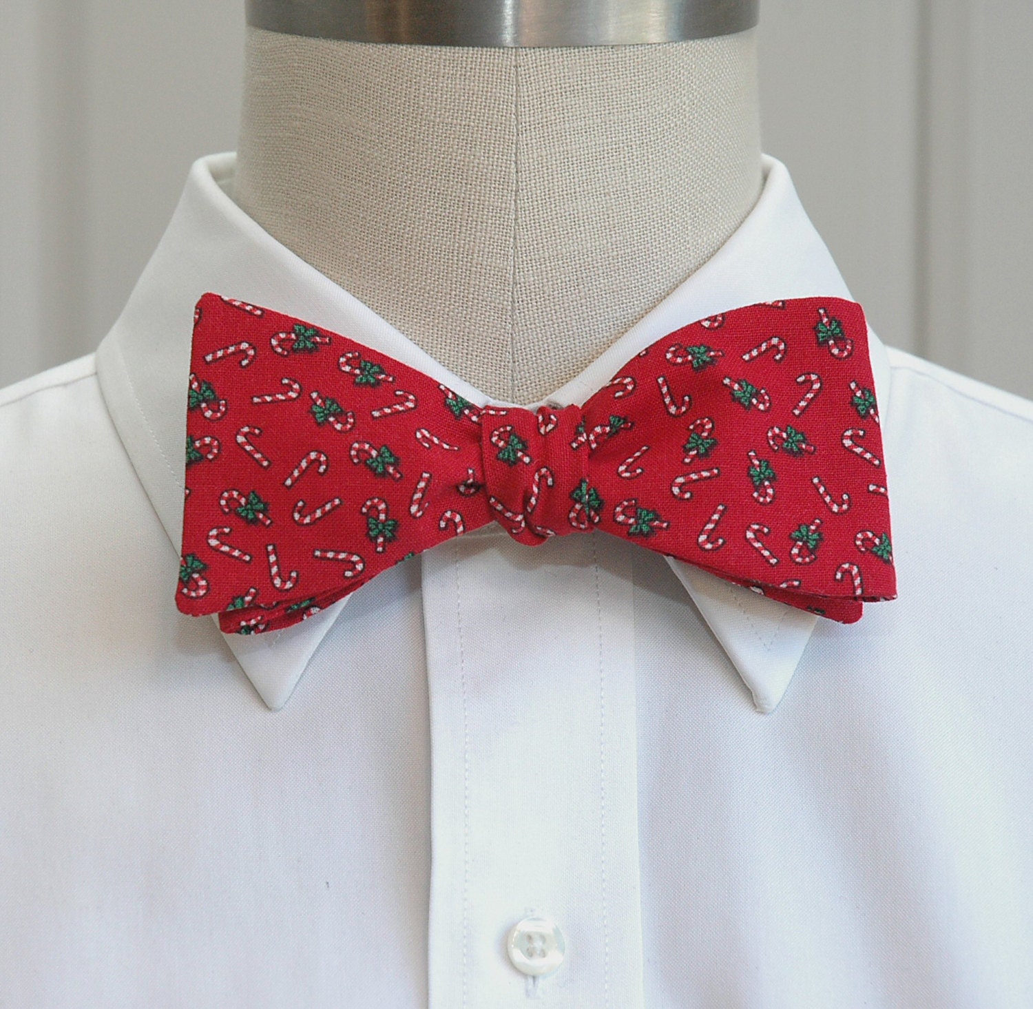 Men's Bow Tie, Christmas red with candy canes, holiday bow tie, men's