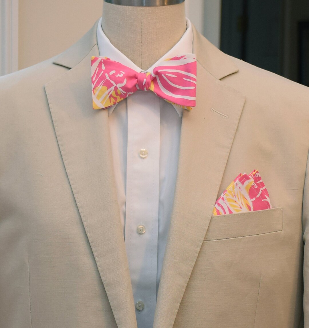Pocket Square and Bow Tie, Pink and Yellow Abstract Print, Wedding