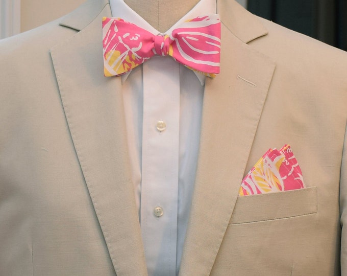 Pocket Square  and Bow Tie, pink and yellow abstract print, wedding party wear, groomsmen gift, groom bow tie set, men's gift set