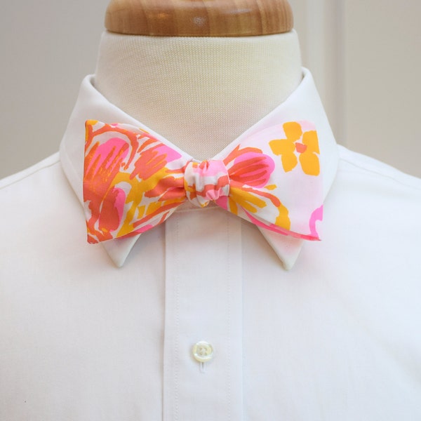 Bow Tie, pinks/gold abstract floral print, neon pink, yellow bow tie, wedding party bow tie, groom/groomsman bow tie, Easter, summer