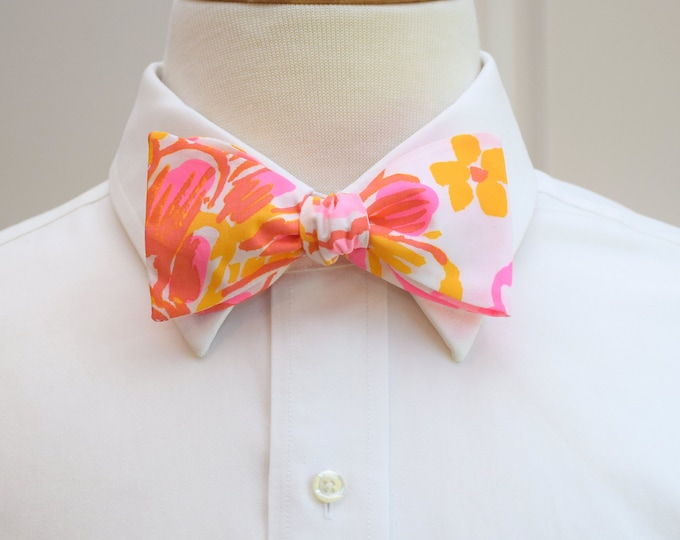 Bow Tie, pinks/gold abstract floral print, neon pink, yellow bow tie, wedding party bow tie, groom/groomsman bow tie, Easter, summer