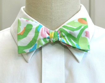 Bow Tie, spring green, pink, blue multi color abstract print, wedding bow tie, groom/groomsmen bow tie, prom bow tie, Kentucky Derby
