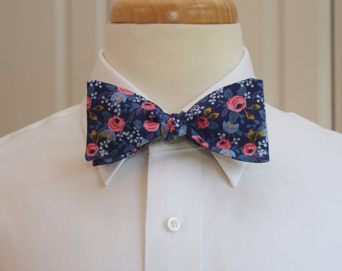 Bow Tie, Rifle Paper Co. Les Fleurs Navy floral bow tie, wedding/groom/groomsmen bow tie, pink/blue roses bow tie, tuxedo accessory