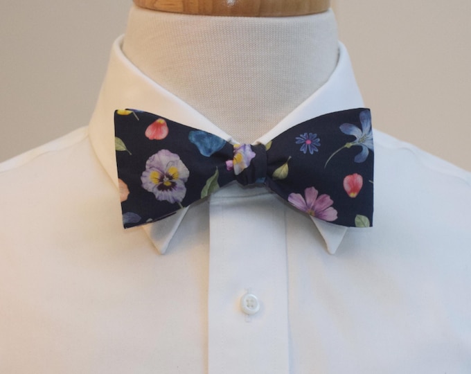 Bow Tie, Liberty of London, navy, multicolor floral Phyl's Flower, groomsmen/groom bow tie, wedding bow tie, traditional, dark navy