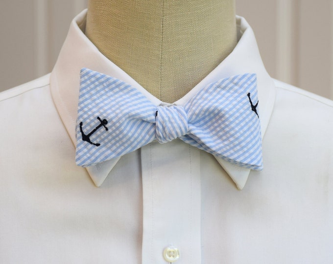 Bow Tie, pale blue seersucker with navy anchors, nautical theme bow tie, sailor bow tie, ocean wedding bow tie, beach lover bow tie
