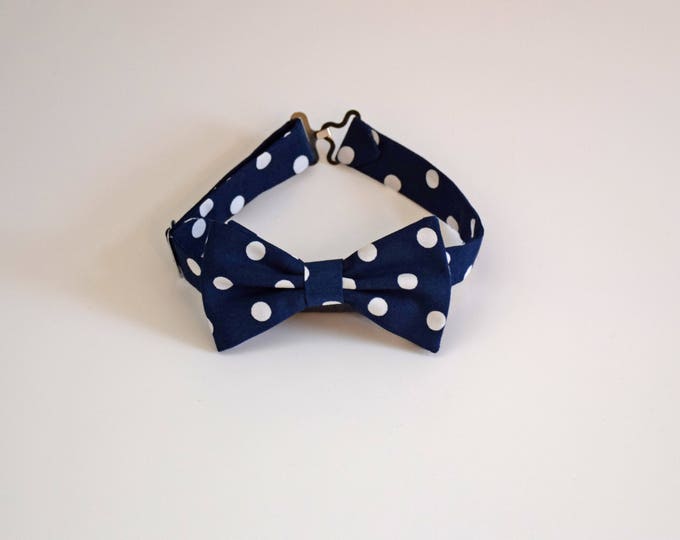 Boy's pre-tied Bow Tie, navy blue with white polka dots, father/son matching ties, wedding accessory, toddler bow tie, ring bearer bow tie,