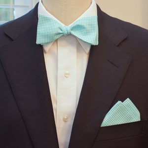 Aqua Gingham Bow Tie and Pocket Square Set: Wedding Groomsmen Gift