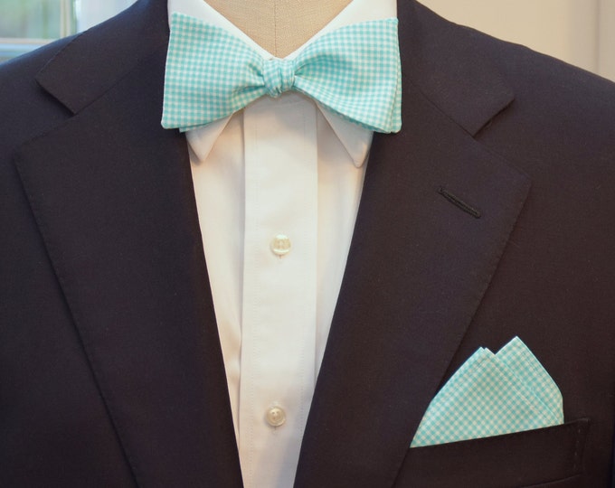 Pocket Square  and Bow Tie in bright aqua mini gingham, wedding party wear, groomsmen gift, groom bow tie set, men's gift set