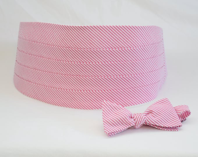 Cummerbund & Bow Tie, hot pink seersucker, wedding party menswear, stylish tuxedo accessory, groom formal wear, southern style wedding