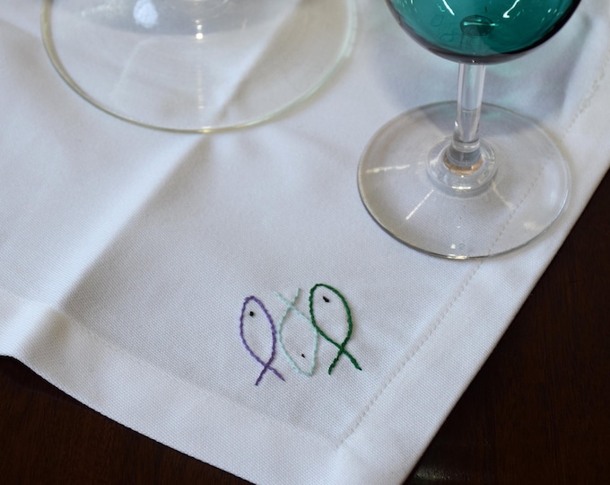 Hand embroidered fish cocktail napkin,