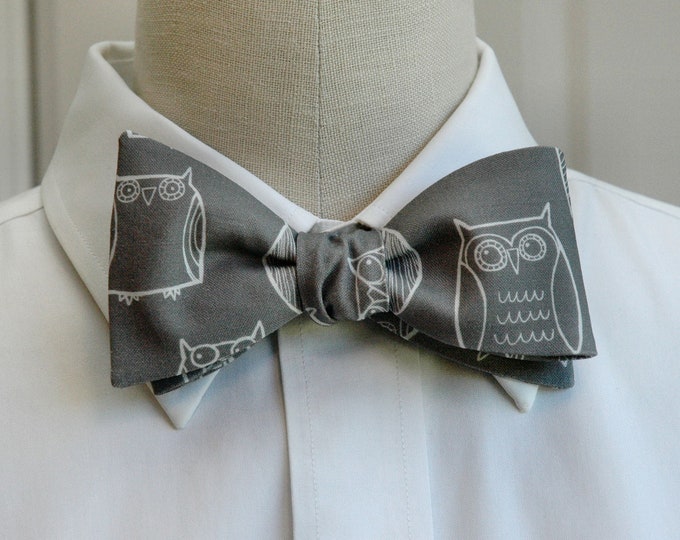 Men’s Bow Tie, Owl bow tie, Gray bow tie, Rice University gift, bird lovers gift, bird bow tie, graduation bow tie, gray and white bow tie,