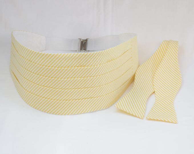 Cummerbund & Bow Tie, yellow seersucker, groom/groomsmen cummerbund, formal wedding party attire, tuxedo accessory, southern wedding wear