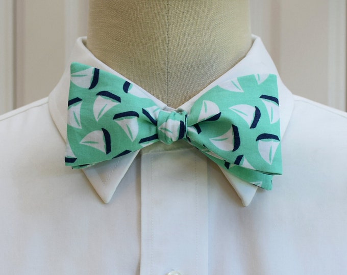 Bow Tie, mint with navy sailboats, marine wedding bow tie, sailor gift, nautical wedding bow tie, groom/groomsmen bow tie, sailing tie