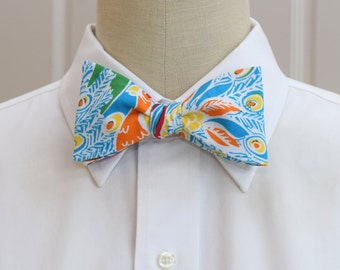 Peacock Feather Bow Tie: Turquoise Multi-Color Cotton Twill