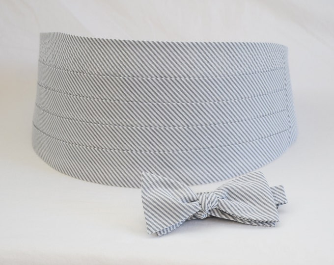 Cummerbund & Bow Tie, grey seersucker, wedding party menswear, tuxedo accessory, groom formal wear, southern stylish wedding, custom made