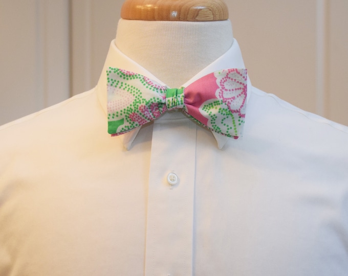 Bow Tie, pinks/greens, dots abstract floral  print, wedding bow tie, groom/groomsmen bow tie, Carolina Cup/Derby bow tie