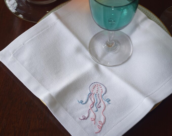 Jellyfish hand embroidered cocktail napkin set,